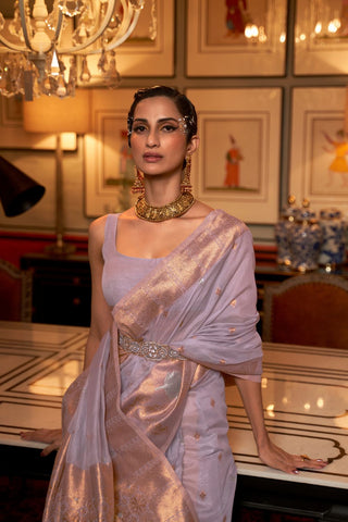 Lilac Modal Copper Zari Handloom Weaving Saree_Kumari Sarees