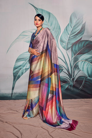 Lilac Satin Crepe With Digital Print Saree_Kumari Sarees