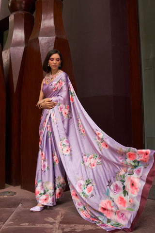 Lilac Digital Printed Satin Crepe Saree_Kumari Sarees