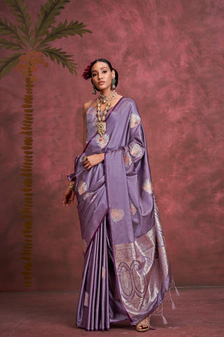 Lilac Pure Satin Handloom Weaving Silk Saree_Kumari Sarees
