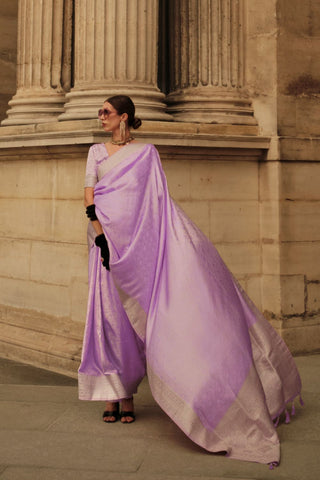 Lilac Pure Satin Handloom Weaving Silk Saree_Kumari Sarees