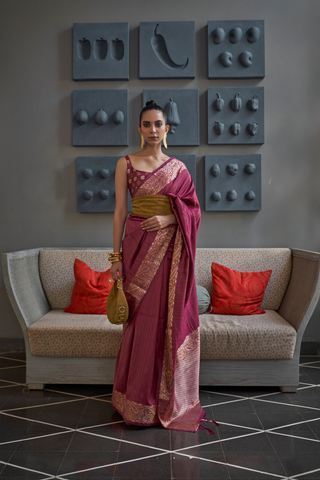 Maroon Gala Copper Zari Handloom Weaving Saree_Kumari Sarees