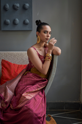 Maroon Gala Copper Zari Handloom Weaving Saree_Kumari Sarees