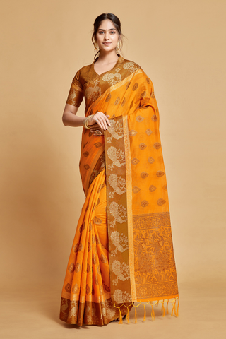 Mustard Chanderi Cotton Saree_Kumari Sarees