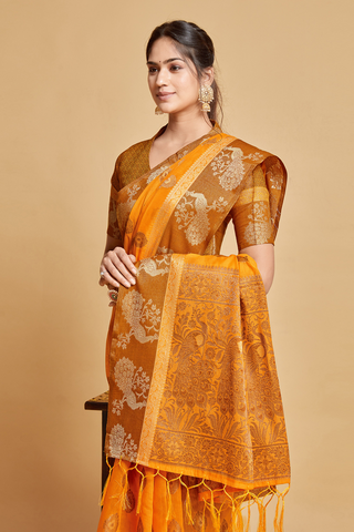 Mustard Chanderi Cotton Saree_Kumari Sarees