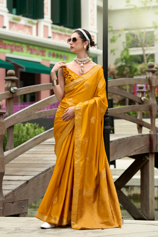Mustard Pure Satin Handwoven Saree_Kumari Sarees