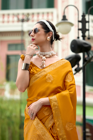 Mustard Pure Satin Handwoven Saree_Kumari Sarees