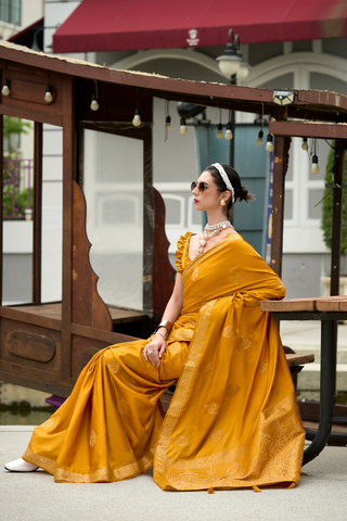 Mustard Pure Satin Handwoven Saree_Kumari Sarees