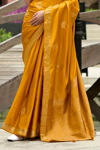 Mustard Pure Satin Handwoven Saree_Kumari Sarees