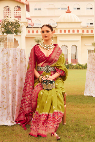 Mustard & Red Banarasi Patola Silk Saree_Kumari Sarees