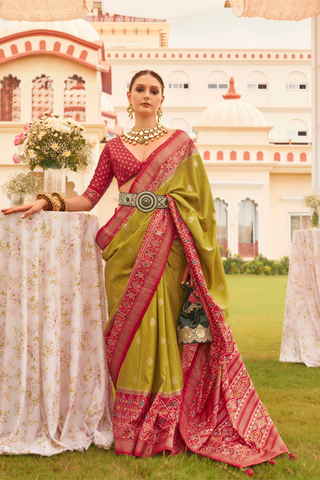 Mustard & Red Banarasi Patola Silk Saree_Kumari Sarees