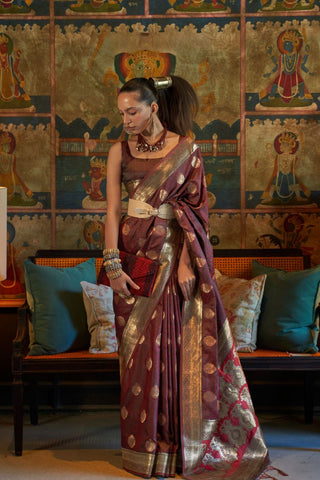 Maroon Pure Satin Tanchoi Handloom Weaving Saree_Kumari Sarees