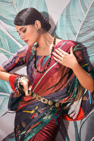 Maroon Satin Crepe With Digital Print Saree_Kumari Sarees