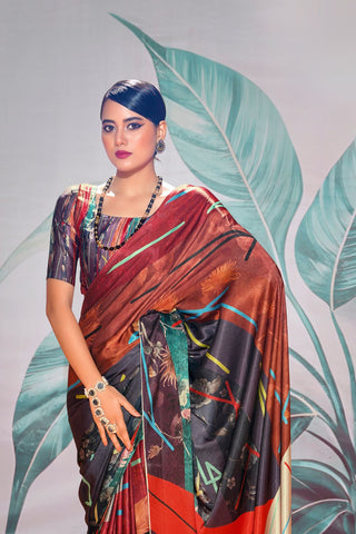 Maroon Satin Crepe With Digital Print Saree_Kumari Sarees