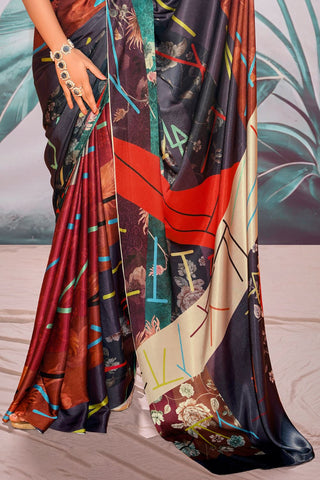 Maroon Satin Crepe With Digital Print Saree_Kumari Sarees