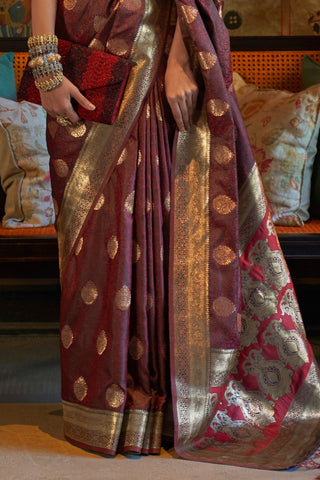 Maroon Pure Satin Tanchoi Handloom Weaving Saree_Kumari Sarees