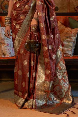 Maroon Pure Satin Tanchoi Handloom Weaving Saree_Kumari Sarees