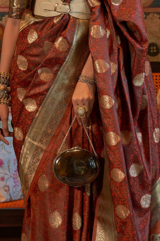 Maroon Pure Satin Tanchoi Handloom Weaving Saree_Kumari Sarees
