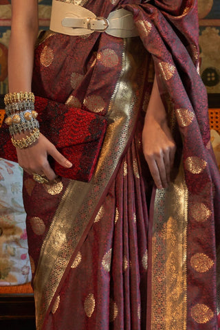 Maroon Pure Satin Tanchoi Handloom Weaving Saree_Kumari Sarees