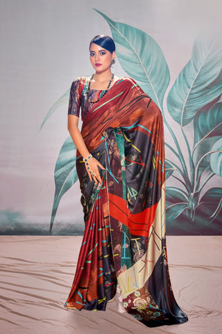 Maroon Satin Crepe With Digital Print Saree_Kumari Sarees
