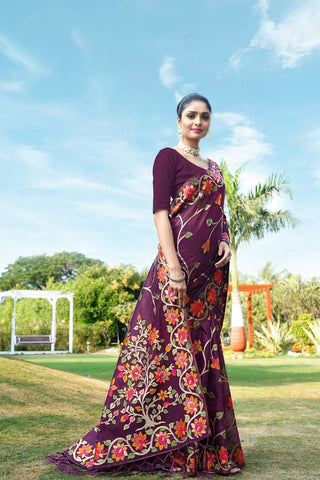 Maroon Soft Cotton Jamdani Floral Saree_Kuari Sarees