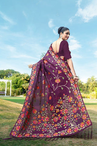 Maroon Soft Cotton Jamdani Floral Saree_Kuari Sarees