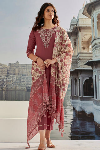Maroon Cotton Silk With Embroidered Work Kurta Set_Kumari Sarees