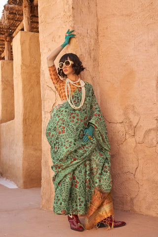 MULTICOLOUR PRINTED ZARI TISSUE HANDLOOM WEAVING SAREE