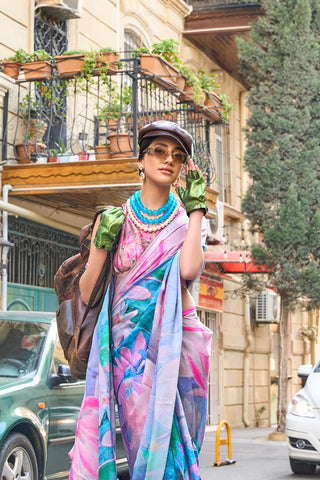 MULTICOLOUR PRINTED SATIN GEORGETTE SAREE