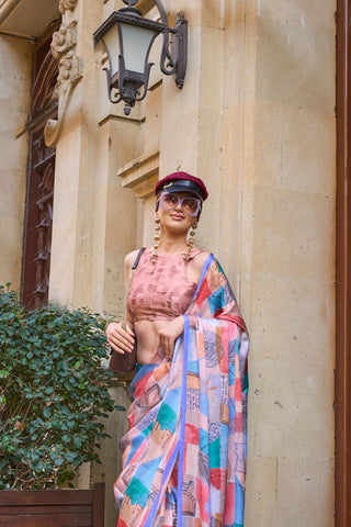 MULTI COLOUR PRINTED SATIN GEORGETTE SAREE
