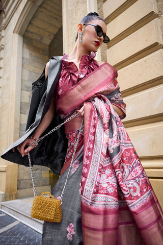 Multi Colour Pure Gaji Silk Print Handloom Weaving Saree