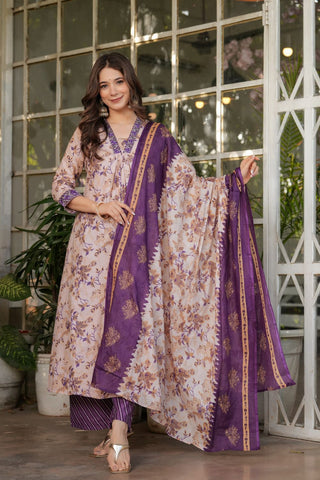 Multi Pure Chanderi Cotton Embroidery Kura Set_Kumari Sarees