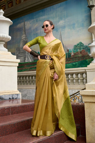 Mustard & Green Pure Tissue Saree