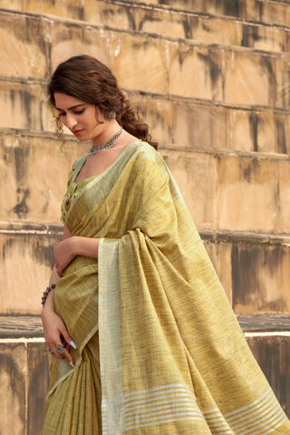 Mustard Soft Linen Silk Saree_Kumari Sarees