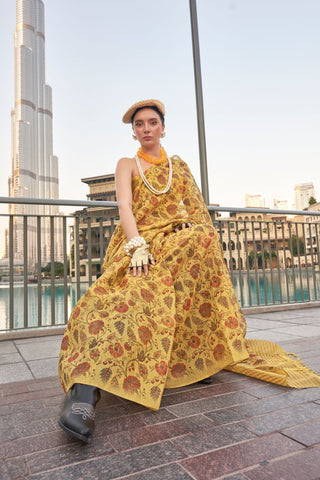 Mustard Printed Zari Tissue Saree_Kumari Sarees