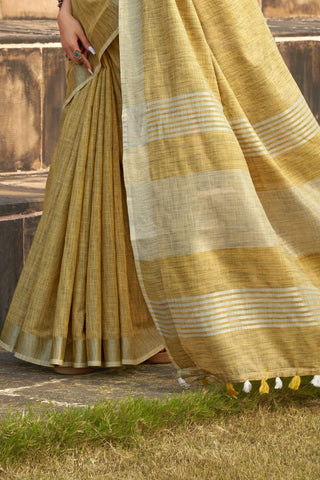 Mustard Soft Linen Silk Saree_Kumari Sarees