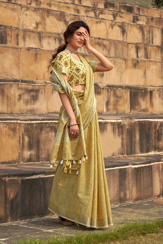 Mustard Soft Linen Silk Saree_Kumari Sarees