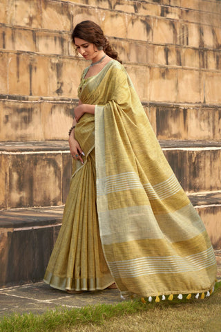 Mustard Soft Linen Silk Saree_Kumari Sarees