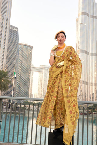 Mustard Printed Zari Tissue Saree_Kumari Sarees