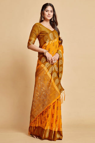 Mustard Chanderi Cotton Saree_Kumari Sarees