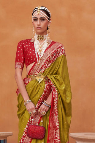 Mustard & Red Banarasi Patola Silk Saree