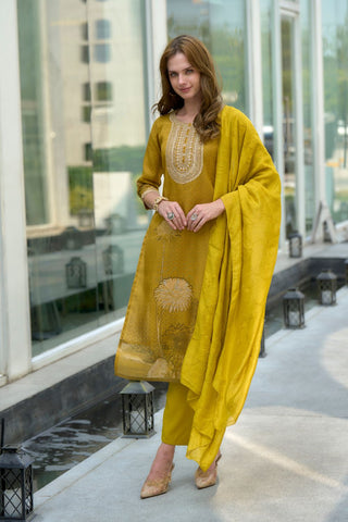 Mustard Yellow Tissue With Floral Print and Embroidery Kurta Set_Kumari Sarees