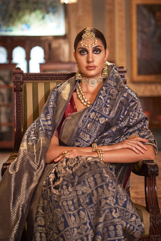 Navy Blue Banarasi Patola Silk Saree_Kumari Sarees