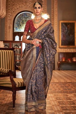 Navy Blue Banarasi Patola Silk Saree_Kumari Sarees