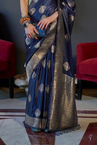 Navy Blue Green Nylon Pure Satin Handloom Weaving Saree_Kumari Sarees