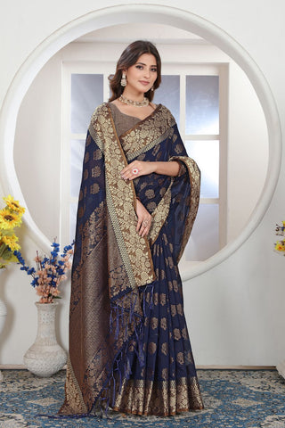 Navy Blue Chanderi Cotton Saree_Kumari Sarees