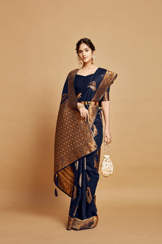 Navy Blue Linen Chanderi Saree_Kumari Sarees