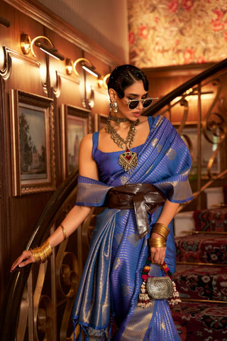 Navy Blue Nylon Chinon Two - Tone Weaving Saree_Kumari Sarees
