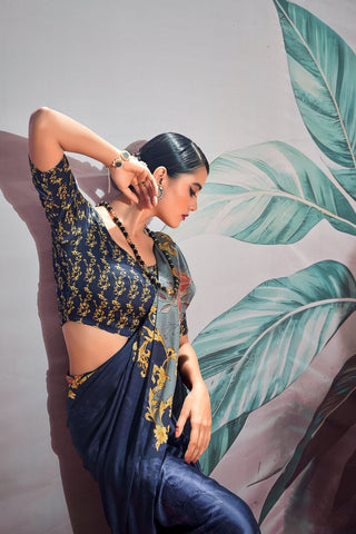 Navy Blue Satin Crepe With Digital Print Saree_Kumari Sarees