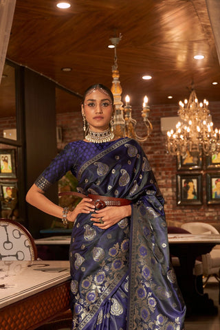 Navy Blue Pure Satin Handloom Weaving Saree_Kumari Sarees